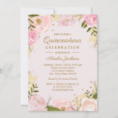Sparkle Floral Gold Pink Quinceanera Kaart (Voorkant)