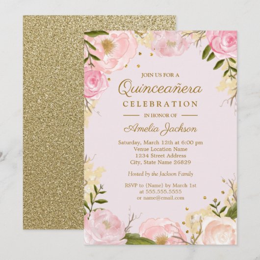 Sparkle Floral Gold Pink Quinceanera Kaart (Voorkant / Achterkant)