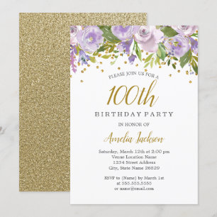 Sparkle Floral Paars 100th Birthday Invite Kaart