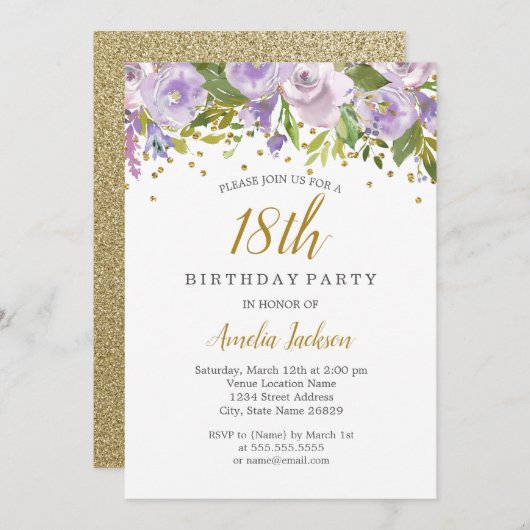 Sparkle Floral Paars 18th Birthday Invite Kaart (Voorkant / Achterkant)