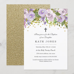 Sparkle Floral Paars Baptism Invitation Kaart