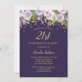 Sparkle Floral Paars Gold 21st Birthday Invite Kaart (Voorkant)
