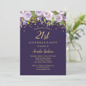 Sparkle Floral Paars Gold 21st Birthday Invite Kaart (Staand voorkant)