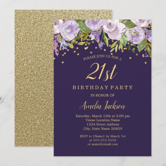 Sparkle Floral Paars Gold 21st Birthday Invite Kaart (Voorkant / Achterkant)