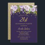 Sparkle Floral Paars Gold 21st Birthday Invite Kaart<br><div class="desc">Meer elegante bloeiende zendagen in de Little Bayleigh Store.</div>