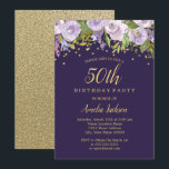 Sparkle Floral Paars Gold 50th Birthday Invite Kaart<br><div class="desc">Meer elegante bloeiende zendagen in de Little Bayleigh Store.</div>