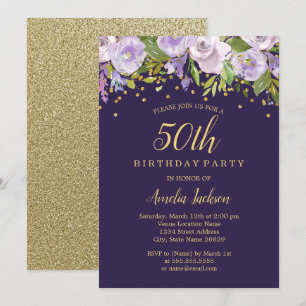 Sparkle Floral Paars Gold 50th Birthday Invite Kaart