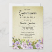 Sparkle Floral Paars Gold Quinceanera Invite Kaart (Voorkant)