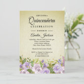 Sparkle Floral Paars Gold Quinceanera Invite Kaart (Staand voorkant)