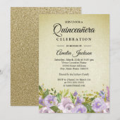 Sparkle Floral Paars Gold Quinceanera Invite Kaart (Voorkant / Achterkant)
