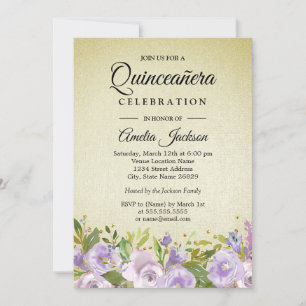 Sparkle Floral Paars Gold Quinceanera Invite Kaart