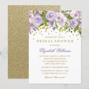 Sparkle Floral Paars Gold Vrijgezellenfeest Invite Kaart