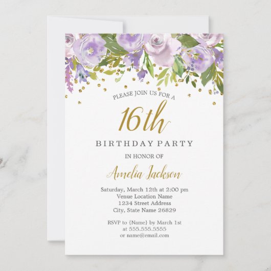 Sparkle Floral Paarse 16e Verjaardag Uitnodigen Kaart (Voorkant)