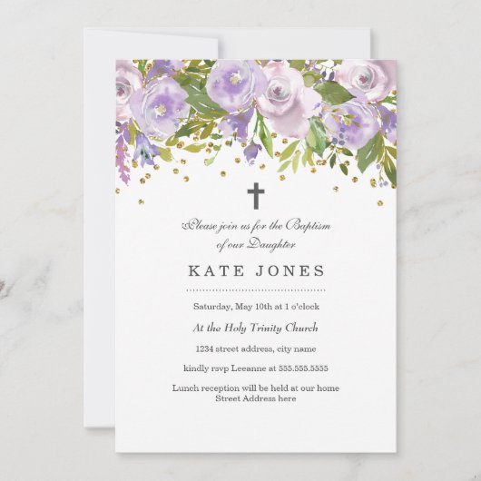 Sparkle Floral Paarse doop uitnodiging (Voorkant)
