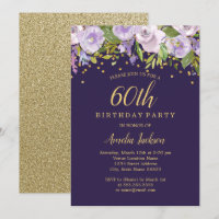 Sparkle Floral Paarse Goud 60e Verjaardag Uitnodig