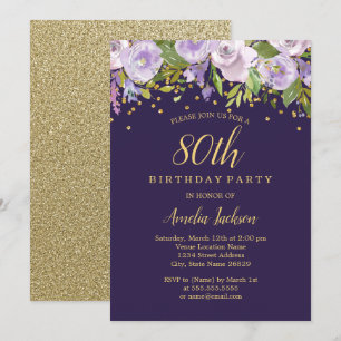 Sparkle Floral Paarse Goud 80ste Verjaardag Uitnod Kaart