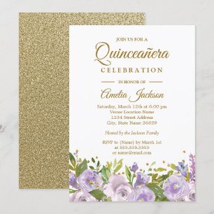 Sparkle Floral Paarse gouden Quinceanera Kaart