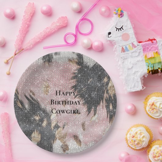 Sparkle Girly Pink Black Gold Cowgirl Koeienhuid Papieren Bordje (Feest)