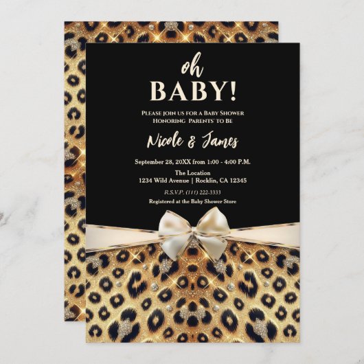 Sparkle Glam Gold Black Leopard Print Baby shower Kaart (Voorkant / Achterkant)