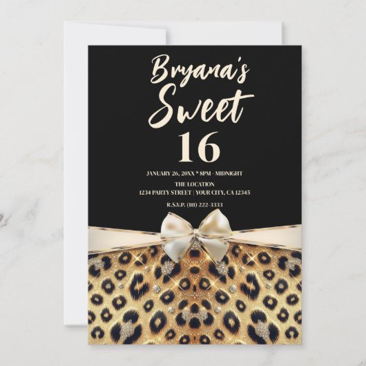 Sparkle Glam Goud Zwart Leopard Print Sweet 16 Kaart (Voorkant)