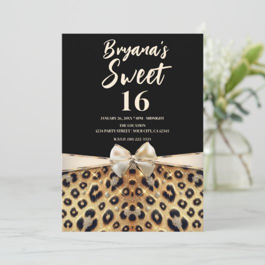 Sparkle Glam Goud Zwart Leopard Print Sweet 16 Kaart (Staand voorkant)