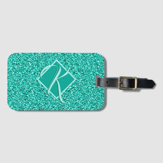 Sparkle Glam Turquoises Blue Glitter Monogrammed Bagagelabel (Voorkant (horizontaal))