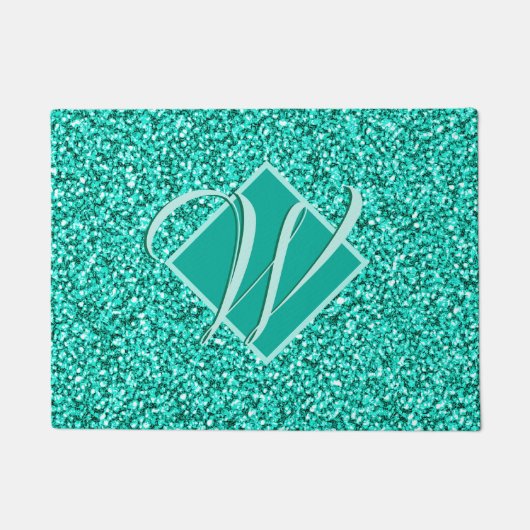 Sparkle Glam Turquoises Blue Glitter Monogrammed Deurmat (Voorkant)