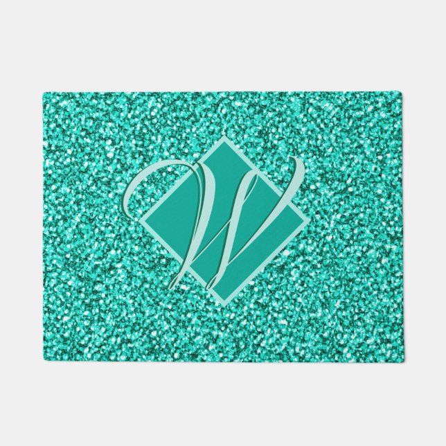 Sparkle Glam Turquoises Blue Glitter Monogrammed Deurmat (Voorkant)