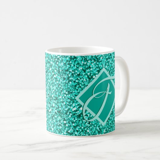 Sparkle Glam Turquoises Blue Glitter Monogrammed Koffiemok (Voorkant rechts)
