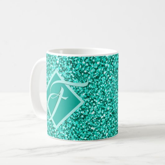 Sparkle Glam Turquoises Blue Glitter Monogrammed Koffiemok (Voorkant links)