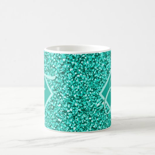 Sparkle Glam Turquoises Blue Glitter Monogrammed Koffiemok (Center)