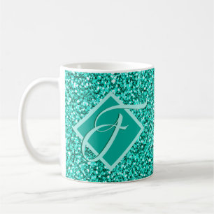 Sparkle Glam Turquoises Blue Glitter Monogrammed Koffiemok