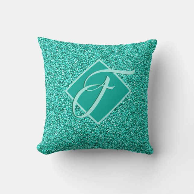 Sparkle Glam Turquoises Blue Glitter Monogrammed Kussen (Voorkant)