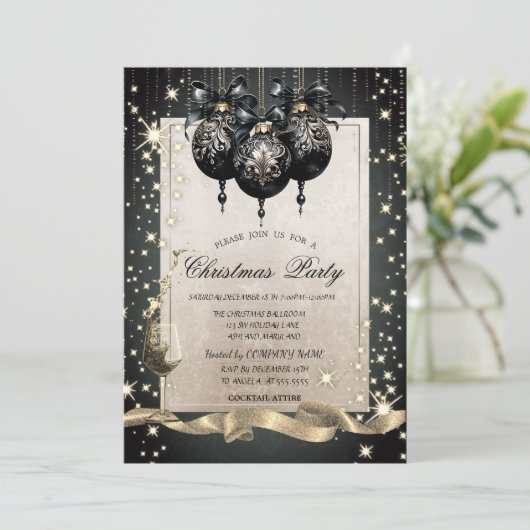 Sparkle, Glas, Zwarte Ballen Bedrijf Kerstfeest Kaart (Staand voorkant)