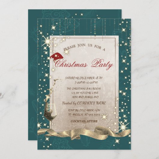 Sparkle, Glass, Green Corporate Kerstparty Kaart (Voorkant / Achterkant)