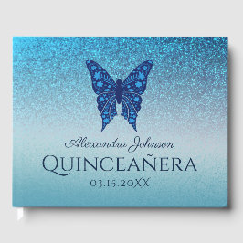 Sparkle Glitter Blue Floral Butterfly Quinceanera Gastenboek