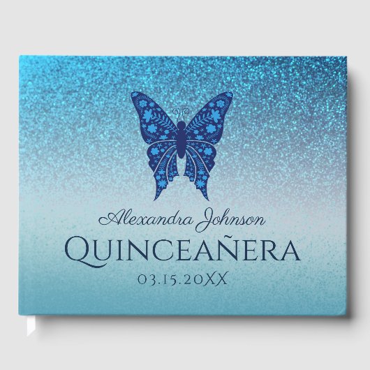 Sparkle Glitter Blue Floral Butterfly Quinceanera Gastenboek (Voorkant)