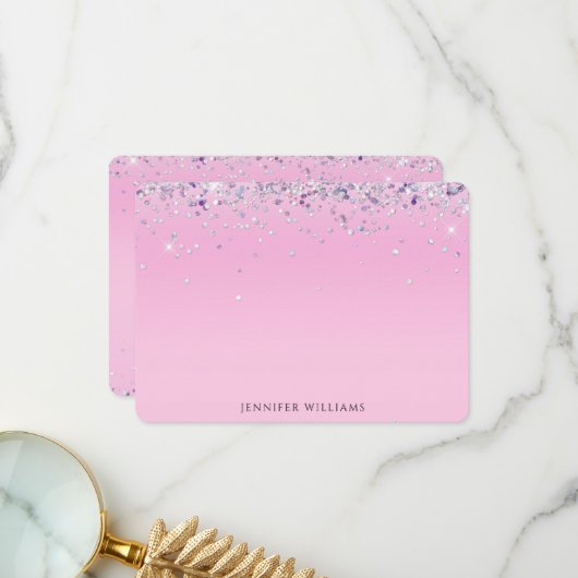 Sparkle Glitter Border Pink Custom Name Note Card Bedankkaart (Voorkant / Achterkant in situ)