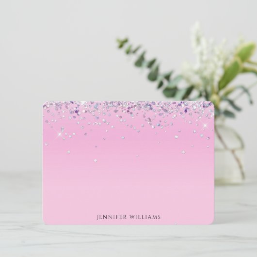Sparkle Glitter Border Pink Custom Name Note Card Bedankkaart (Staand voorkant)