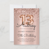 Sparkle Glitter Roos Gouden Ballon 13e Verjaardag Kaart (Voorkant)