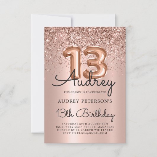 Sparkle Glitter Roos Gouden Ballon 13e Verjaardag Kaart (Voorkant)