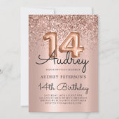 Sparkle Glitter Roos Gouden Ballon 14e verjaardag Kaart (Voorkant)
