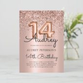 Sparkle Glitter Roos Gouden Ballon 14e verjaardag Kaart (Staand voorkant)