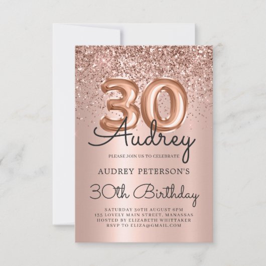 Sparkle Glitter Roos Gouden Ballon 30e Verjaardag Kaart (Voorkant)