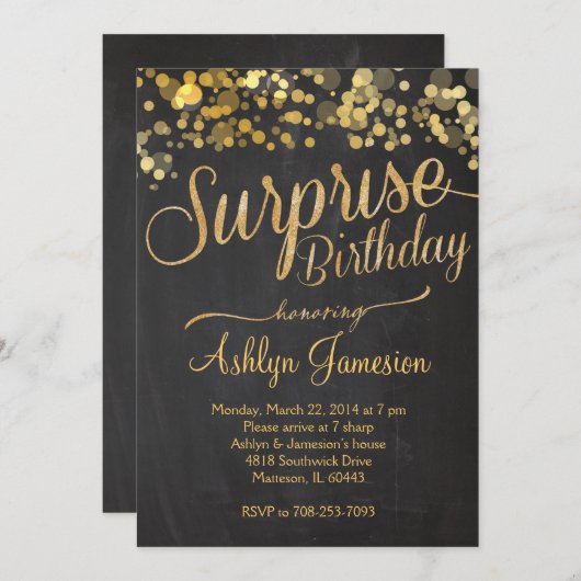 Sparkle Glitter Surprise Birthday Invitation Kaart (Voorkant / Achterkant)