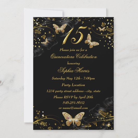 Sparkle Gold Black Butterfly Quinceanera Invite Kaart (Voorkant)