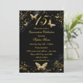 Sparkle Gold Black Butterfly Quinceanera Invite Kaart (Staand voorkant)