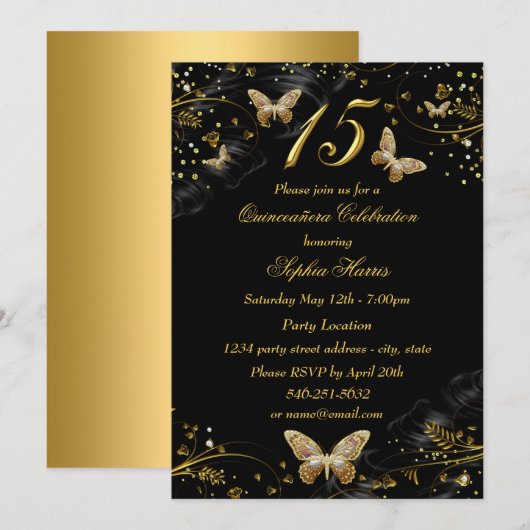 Sparkle Gold Black Butterfly Quinceanera Invite Kaart (Voorkant / Achterkant)