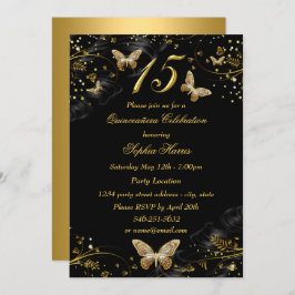 Sparkle Gold Black Butterfly Quinceanera Invite Kaart