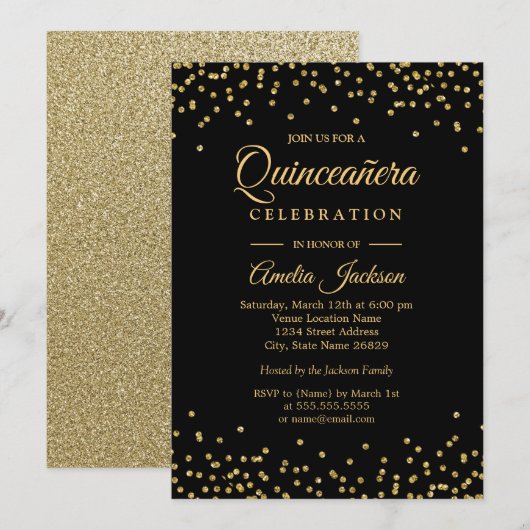Sparkle Gold Black Confetti Quinceanera Invitation Kaart (Voorkant / Achterkant)